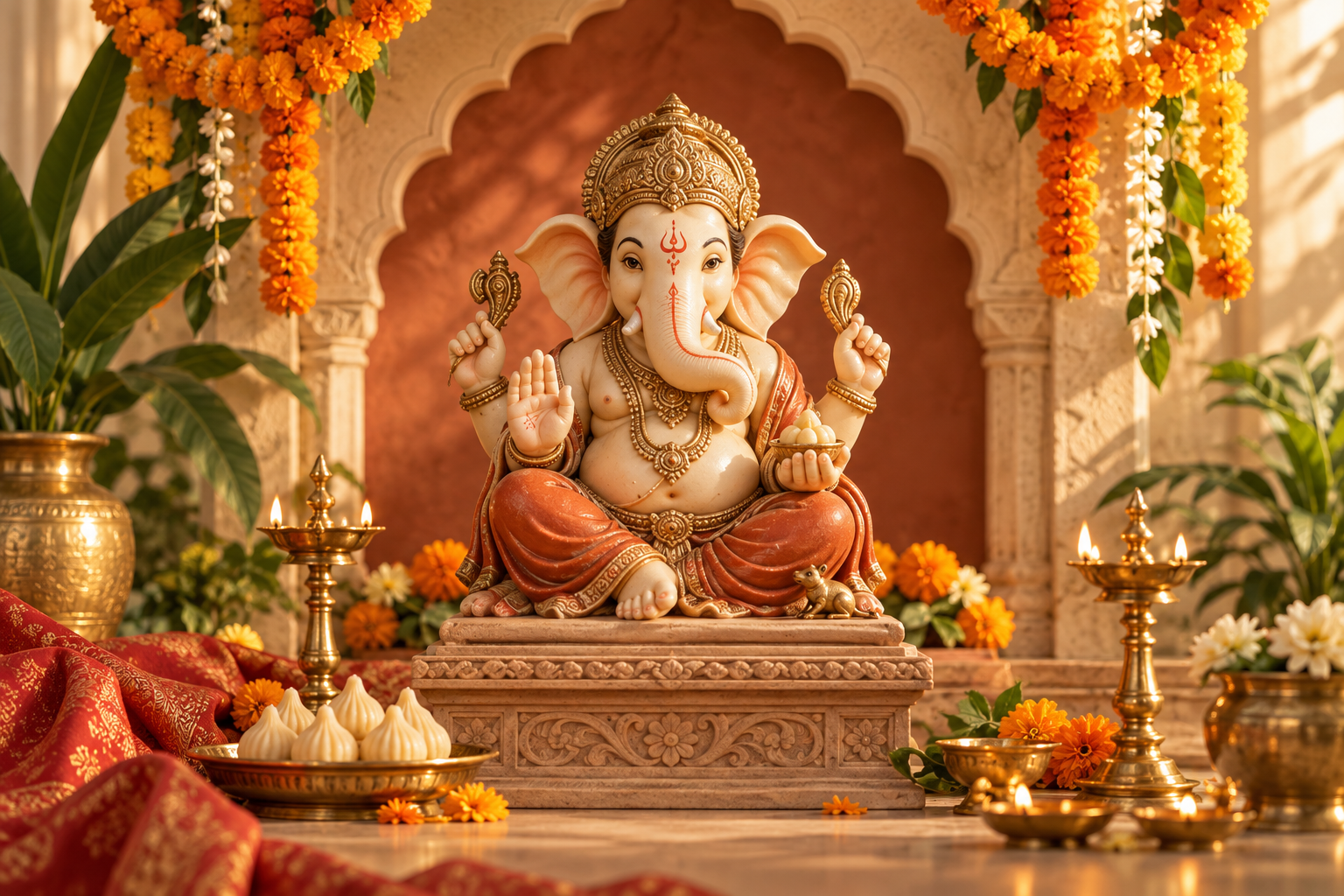 Lord Ganesha surrounded by marigold flowers, glowing brass lamps and festive offerings